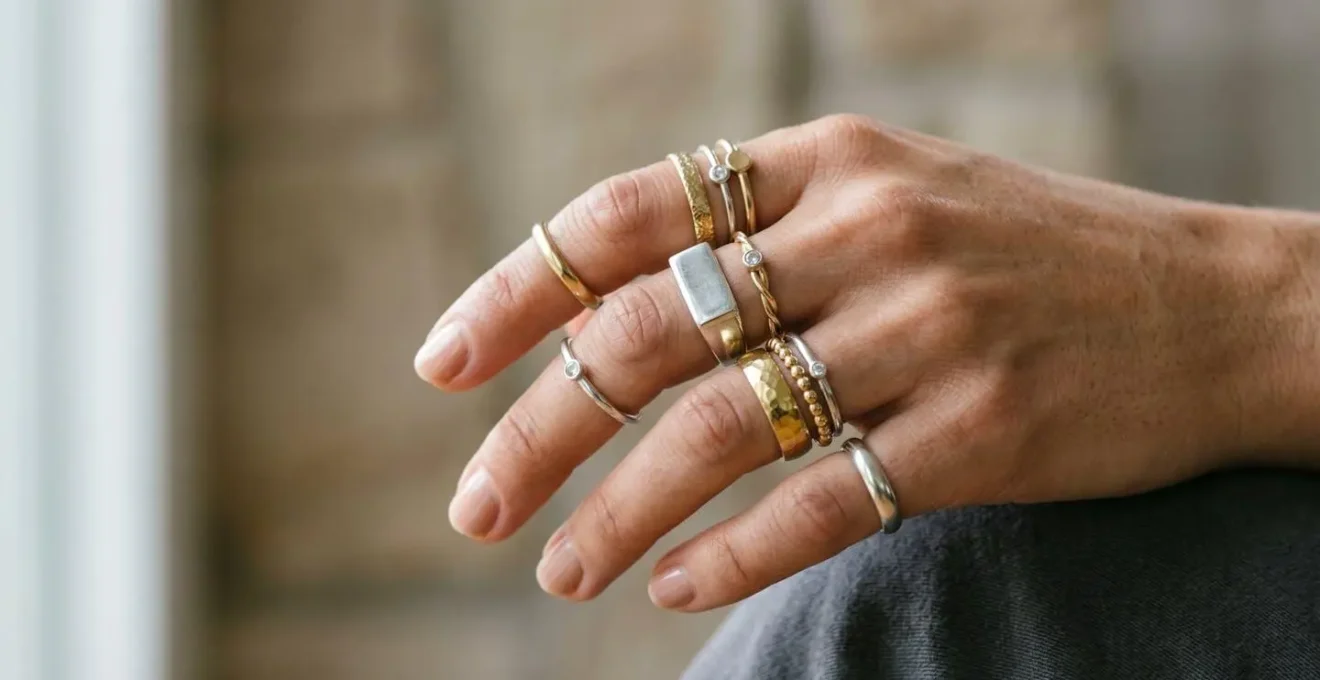 Close-up of hand wearing artfully stacked gold and silver rings demonstrating the bridge piece principle and balanced metal mixing