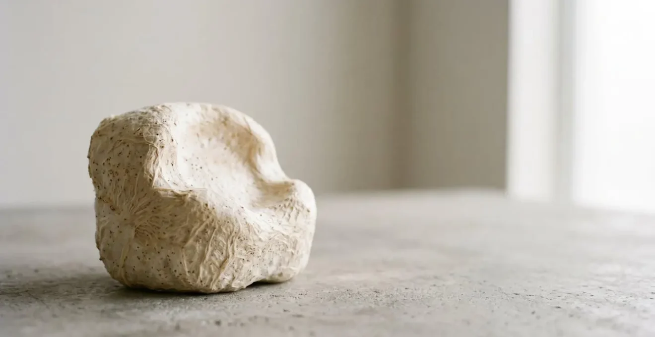 Environmental wide shot showing mycelium bio-fabricated packaging material in natural growth state with sustainable aesthetic