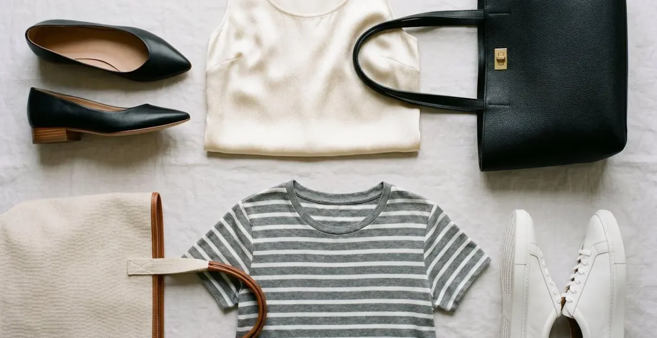 Close-up of styling accessories for blazer transformation including silk shell, striped tee, leather bag and canvas tote arranged on neutral surface
