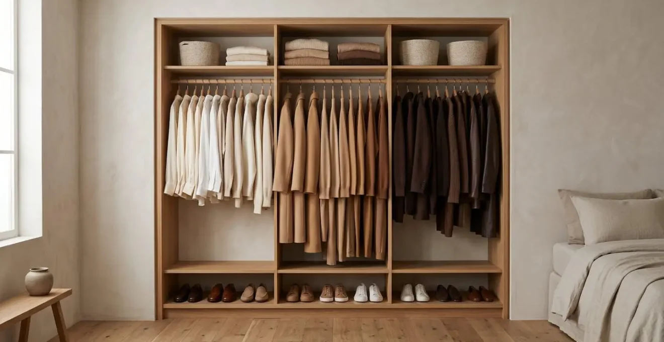 A beautifully organized closet showcasing garments arranged by color gradient from light to dark tones