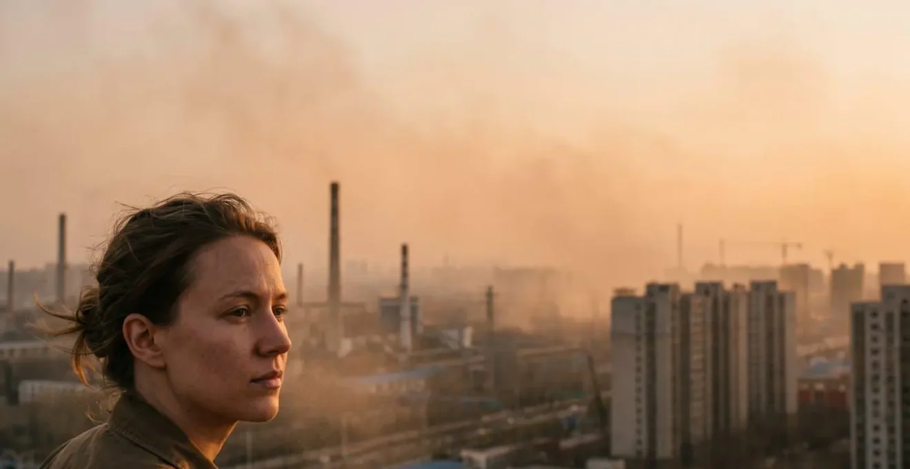 Wide atmospheric shot showing the relationship between urban environment and skin exposure to airborne particles