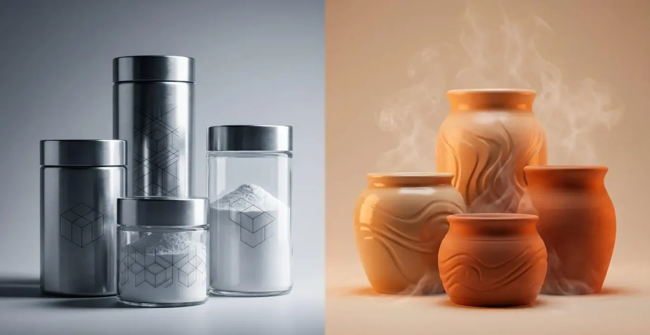 Symbolic comparison showing clean powder production versus traditional heated cream manufacturing through abstract visual metaphor