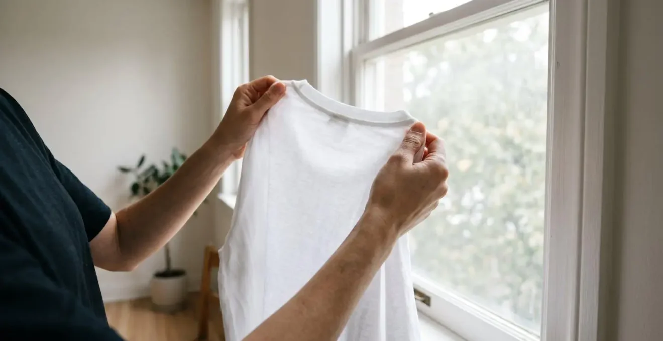 Environmental shot showing white fabric held up to natural light revealing textile quality and opacity testing technique