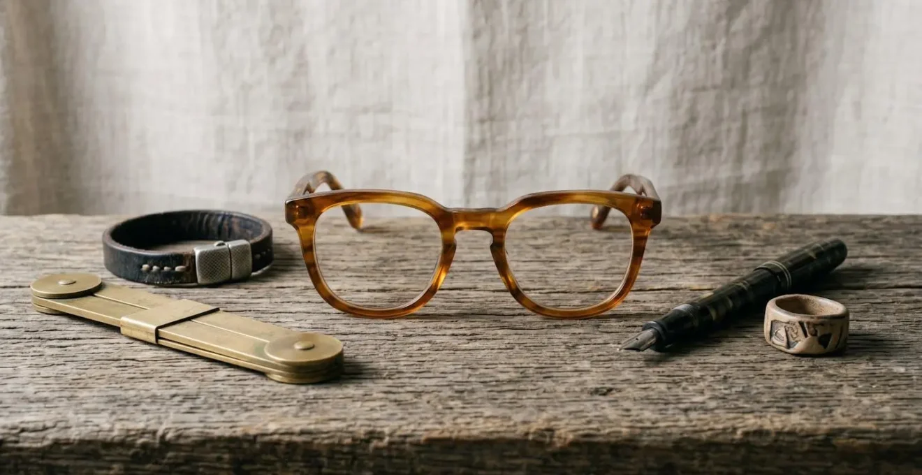 Distinctive professional accessories arranged as signature identity elements for creative industry professionals