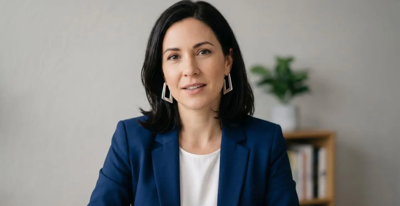 Professional portrait of woman wearing elegant sterling silver statement earrings captured from webcam perspective for video call context
