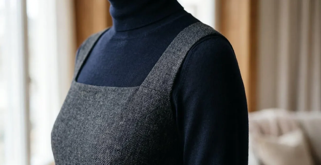 Close-up of smooth fabric layering showing turtleneck worn under slip dress with no visible bunching