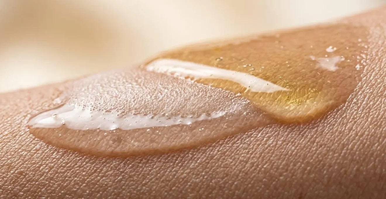 Close-up of layered serum textures demonstrating the emulsion sandwich technique on skin