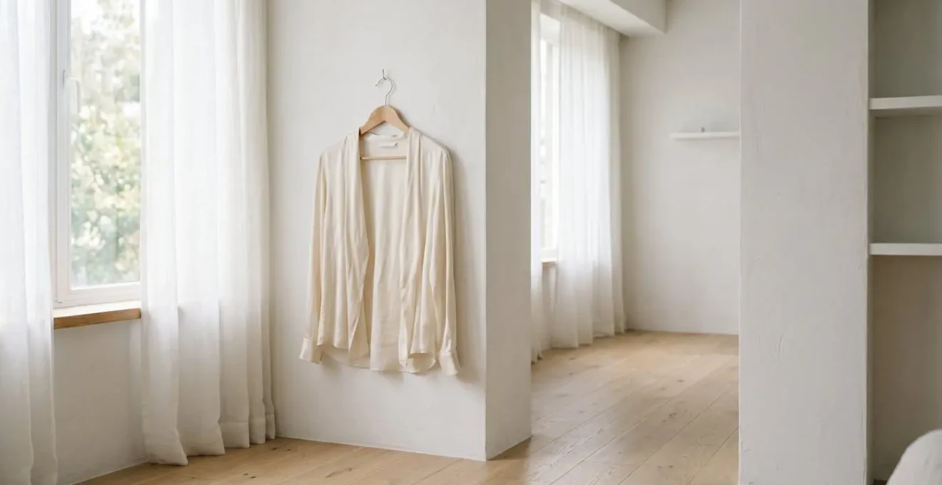 Wide angle view of airy minimalist space with draped silk fabric in soft natural diffused lighting