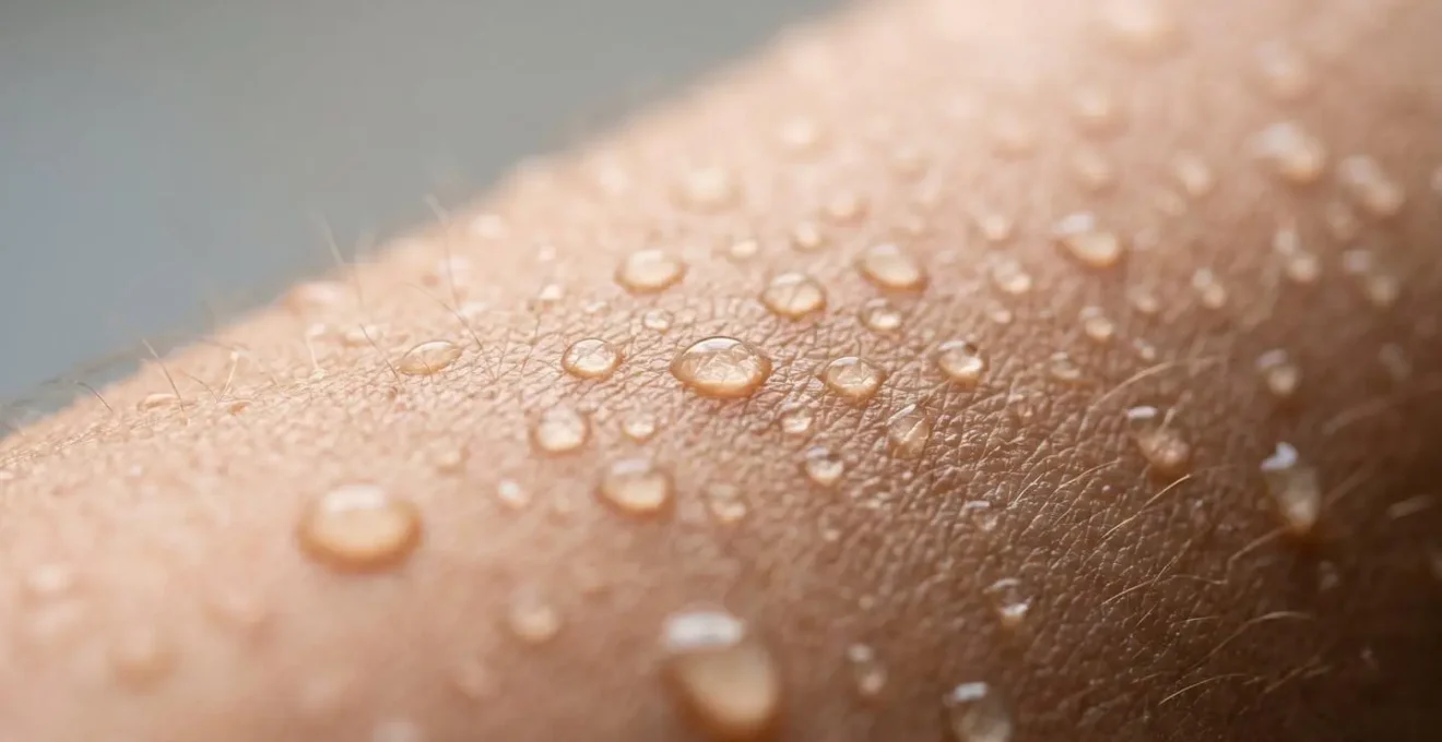 Macro close-up showing skin texture with water droplets on surface