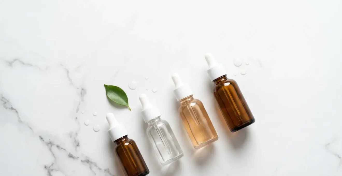Minimalist environmental shot showing multiple lightweight hydrating skincare products arranged in layered sequence on clean surface with soft natural light
