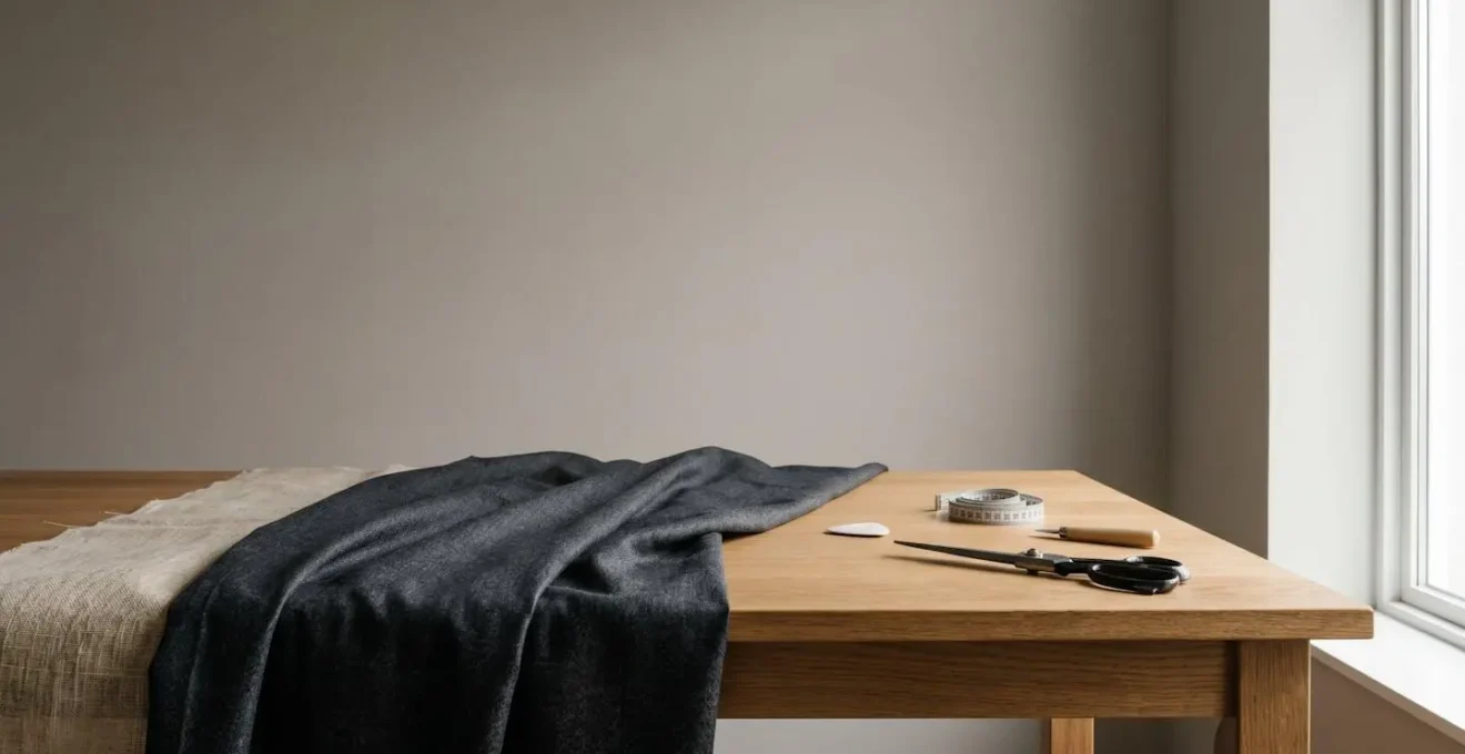 Wide shot of minimalist tailoring studio showing fabric and construction materials on work surface