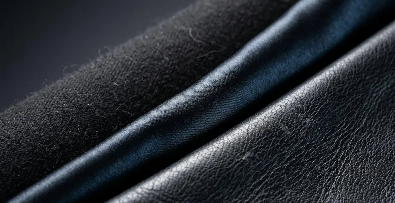 Layered black fabrics showcasing wool, silk, and leather textures in monochromatic styling