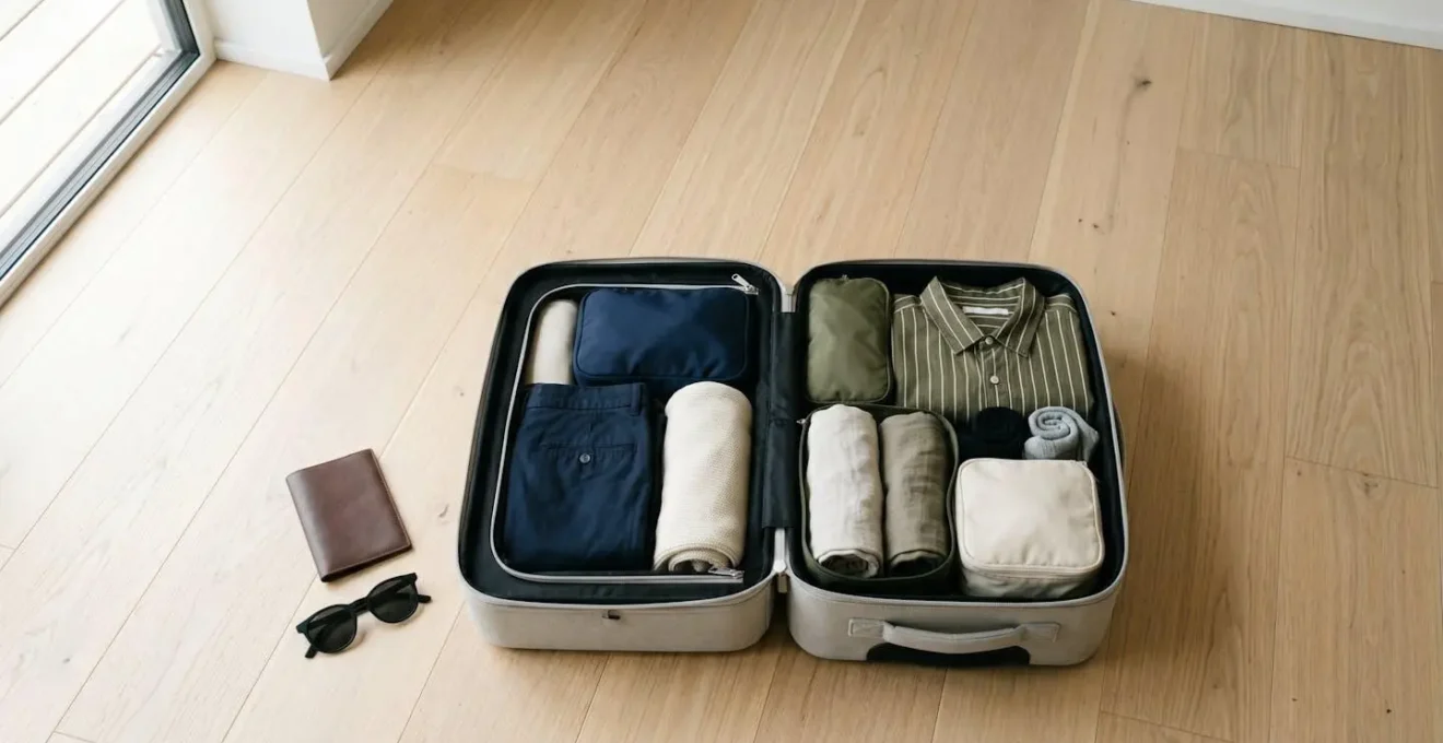 A neatly organized travel suitcase showcasing a minimal capsule wardrobe with coordinated clothing pieces