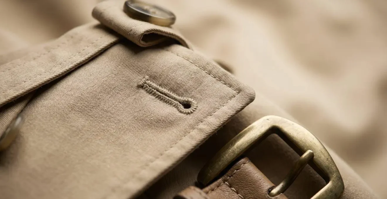 Extreme close-up of trench coat storm flap and epaulette showing water-resistant gabardine textile structure