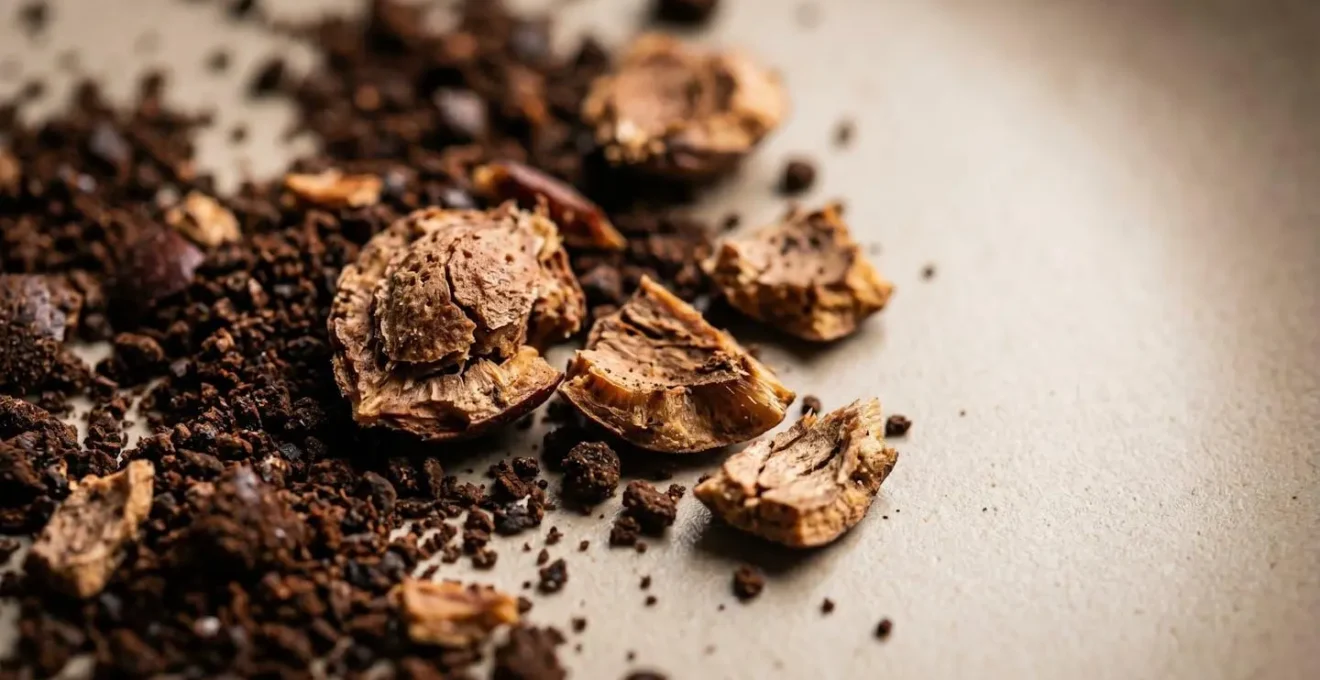 Close-up macro view of coffee grounds and natural fruit pit materials being transformed into sustainable cosmetic exfoliants