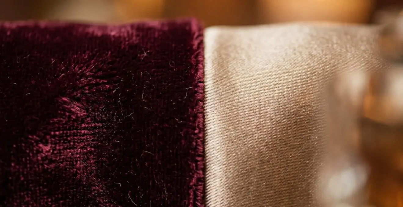 Extreme close-up macro comparison of velvet and silk fabric textures under soft ambient lighting