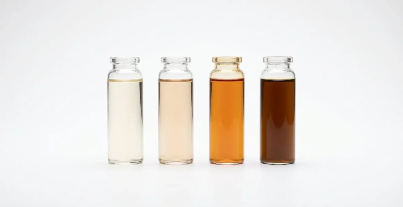 Gradient spectrum showing vitamin C serum oxidation stages from clear to dark brown