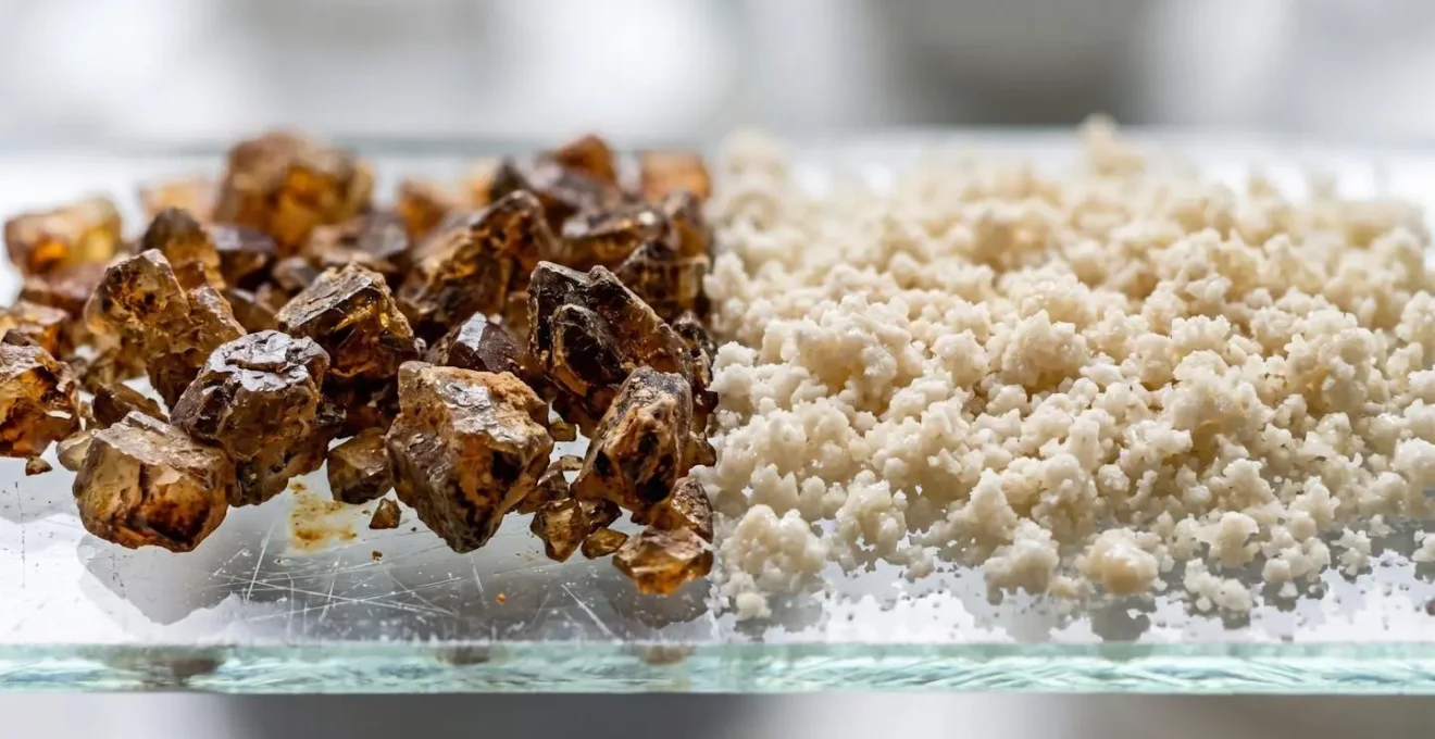 Macro close-up photograph showing textural details of vitamin C oxidation and botanical matrix protection