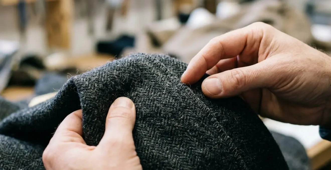 Close-up view of hands analyzing clothing items revealing fabric texture and quality details during a wardrobe audit process